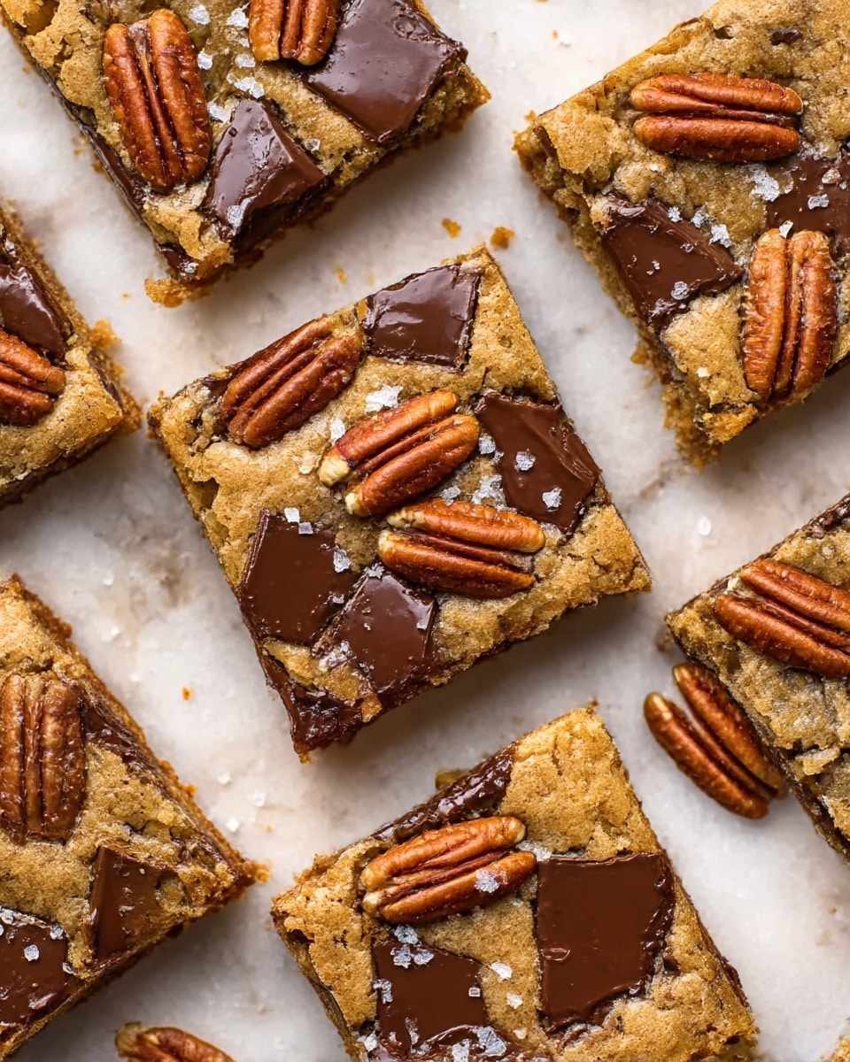 The image shows square cookie bars arranged closely on a white marbled surface. Each cookie bar has a golden-brown base with a slightly crunchy texture and is topped with large chunks of melted dark chocolate that appear glossy and rich. Scattered pecan halves with a warm brown color sit on top of some cookie pieces, adding a crunchy texture contrast. A light sprinkle of sea salt is visible on the cookie surface, enhancing the visual appeal. The cookie bars have clear edges, showing their thick and chewy interior with small air pockets. photo taken with an iphone --ar 4:5 --v 7