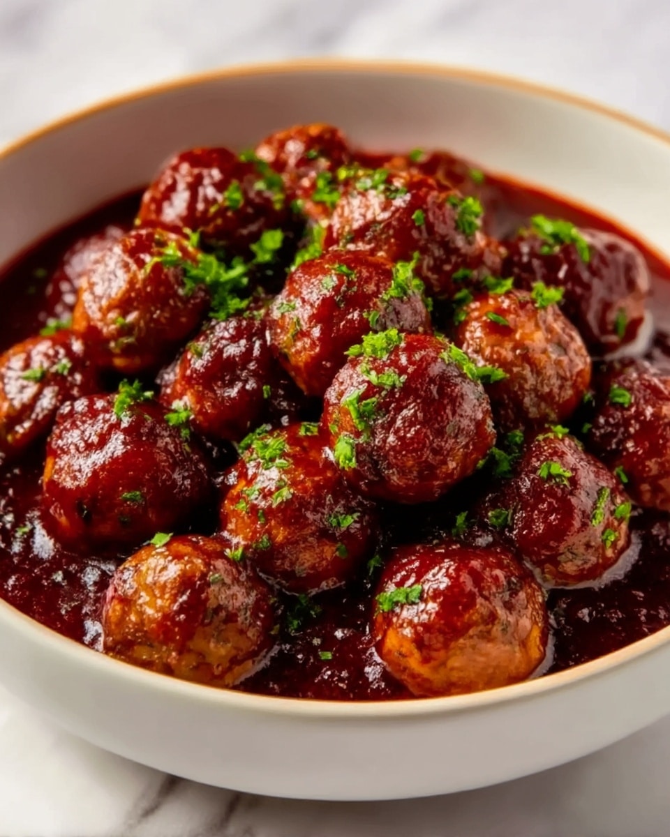 A white bowl filled with many round meatballs covered in a thick dark red sauce, with bits of herbs sprinkled on top. The meatballs are piled up, showing a shiny and slightly rough texture, while the sauce gives a wet and glossy look. The bowl sits on a white marbled surface. Photo taken with an iphone --ar 4:5 --v 7