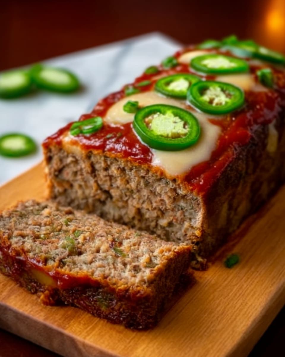 A rectangular meatloaf sits on a wooden board, topped with a layer of melted cheese and evenly spaced slices of green jalapeño peppers across the surface. Bits of red sauce or ketchup are spread on top, adding a contrasting color. The inside of the meatloaf is a mix of ground meat and herbs, with a slightly crumbly texture visible where it’s been sliced. The background is a white marbled surface. Photo taken with an iphone --ar 4:5 --v 7