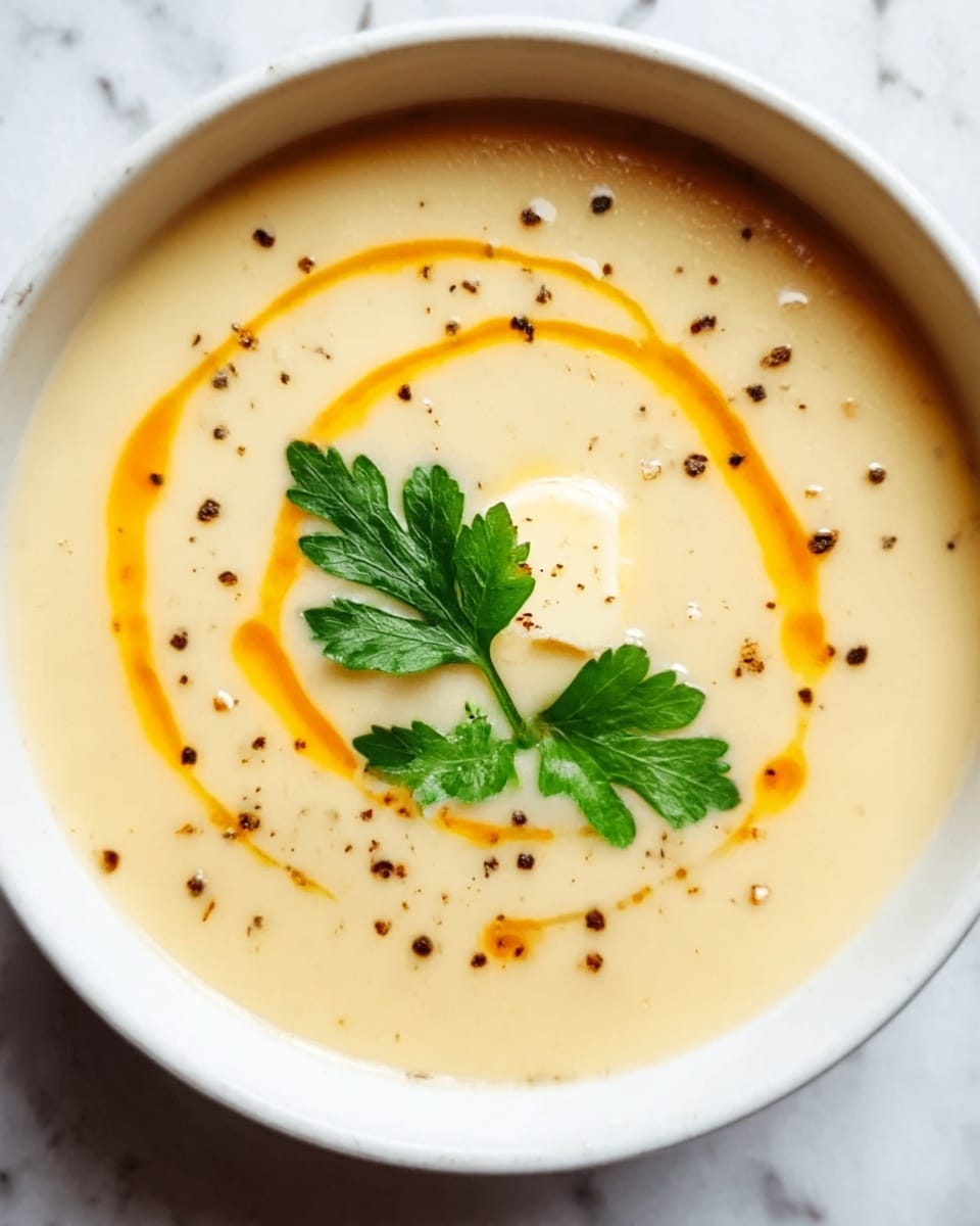 A white bowl filled with creamy light yellow soup, topped with small black pepper pieces and bright orange oil drops drifting on the surface. There is a small square of light yellow butter melting on one side and a fresh green parsley leaf placed in the center. The bowl sits on a white marbled surface. Photo taken with an iphone --ar 4:5 --v 7