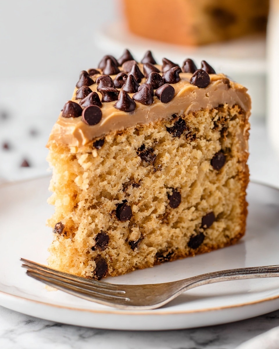 A thick slice of moist chocolate chip cake sits on a white plate with a gold edged fork beside it. The cake has one main layer of light brown crumbly texture, studded with many dark chocolate chips spread evenly throughout. On top, there is a smooth creamy layer of light caramel-colored frosting, generously dotted with more dark chocolate chips. In the background, a blurred second cake shows the same frosting dripping gently down its sides. The scene is set against a white marbled surface. Photo taken with an iphone --ar 4:5 --v 7