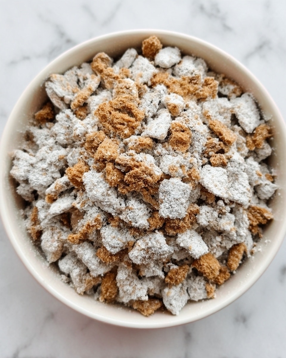 A white bowl filled with a mix of small square and rectangular crunchy snack pieces coated in a light dusting of white powder, contrasted with clusters of rough, light brown textured bits scattered throughout, creating a varied, layered look. The bowl sits on a white marbled surface. Photo taken with an iphone --ar 4:5 --v 7