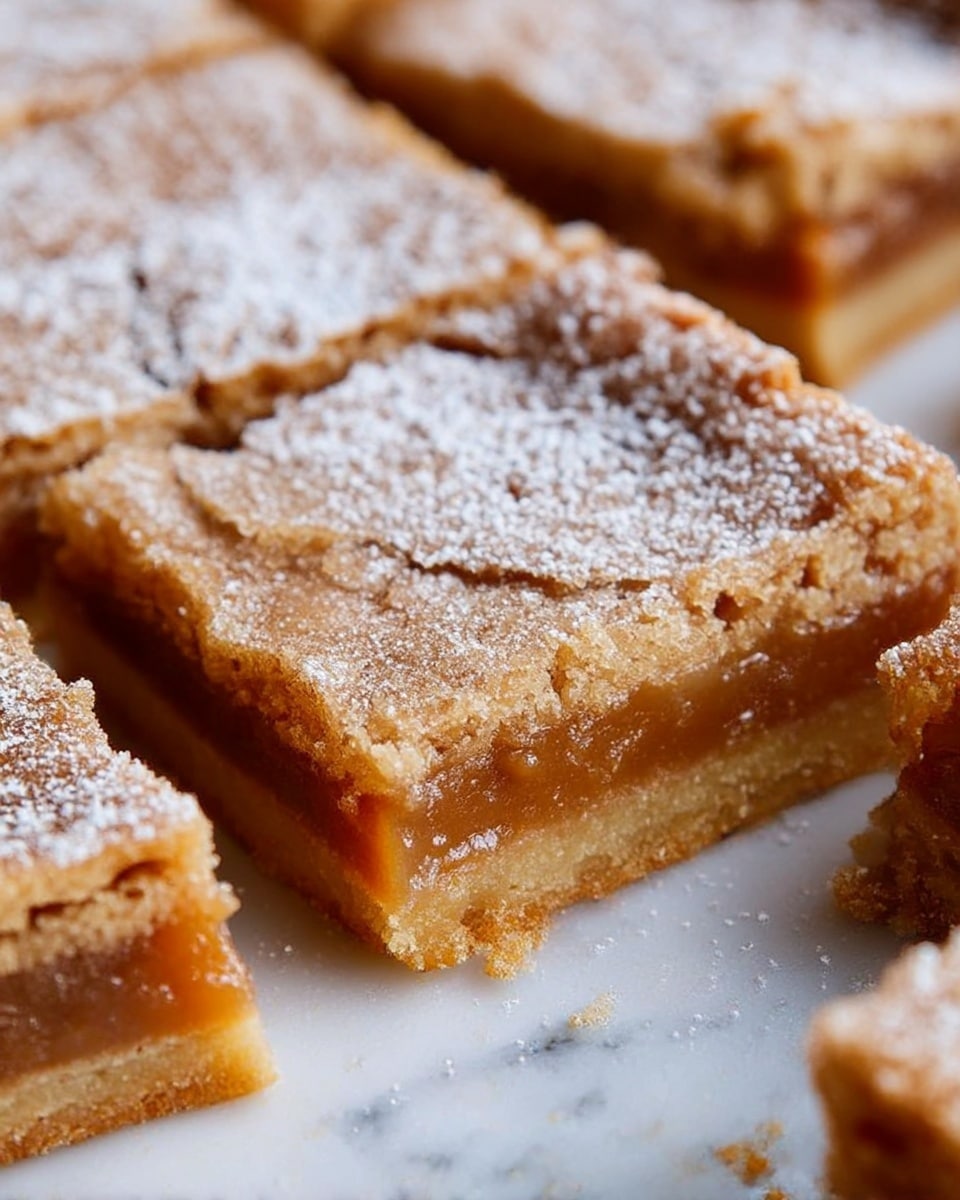 The image shows a close-up of a caramel bar dessert cut into squares. Each piece has two visible layers: the top layer is a light brown, slightly crumbly crust dusted with fine white powdered sugar, and beneath it is a thick, smooth, golden caramel layer with a glossy texture. The caramel looks soft and rich, contrasted by the crisp, textured crust on top. The dessert pieces rest on a light wood surface with some crumbs scattered around the edges, giving a homemade feel. Photo taken with an iphone --ar 4:5 --v 7