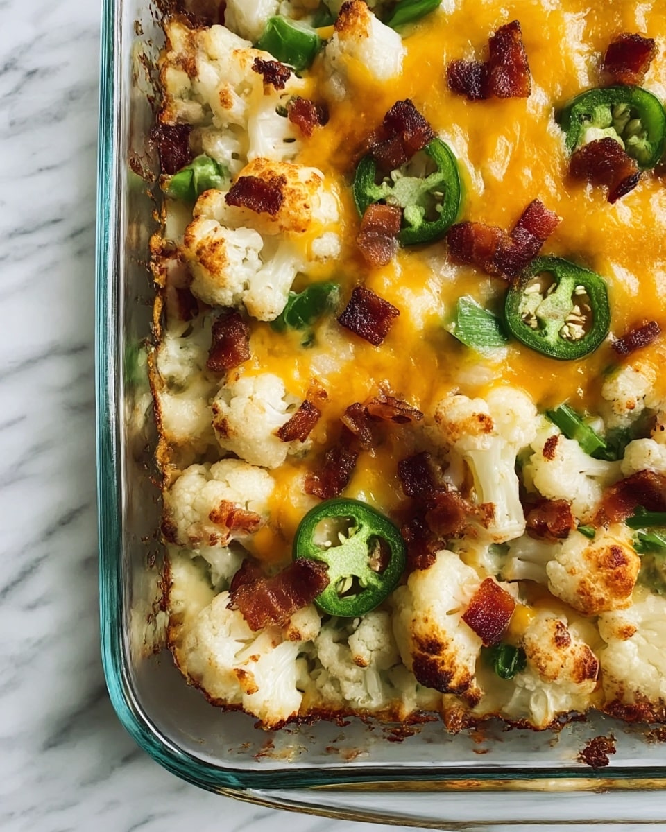 A glass baking dish filled with a baked casserole showing three clear layers: at the bottom are creamy white sauce and melted cheese, the middle layer has green sliced jalapeños scattered evenly, and the top layer consists of white cauliflower florets with melted orange cheddar cheese melted over them and small crispy dark brown bacon pieces spread around. The edges of the cauliflower show slight browning from baking, and the surface underneath the dish is a white marbled texture. Photo taken with an iphone --ar 4:5 --v 7