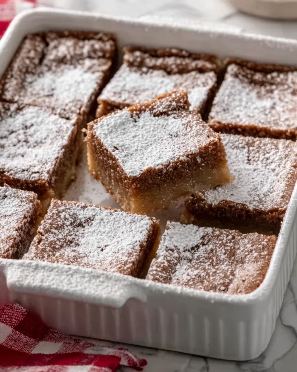 A white rectangular dish filled with nine square pieces of a light brown baked dessert, dusted with powdered sugar on top. One piece is slightly lifted above the others, showing a soft and moist texture inside with a smooth surface on top. The dessert edges are slightly darker than the center, indicating a baked crust. The dish rests on a white marbled surface with a red and white checked cloth partially visible on the side. photo taken with an iphone --ar 4:5 --v 7