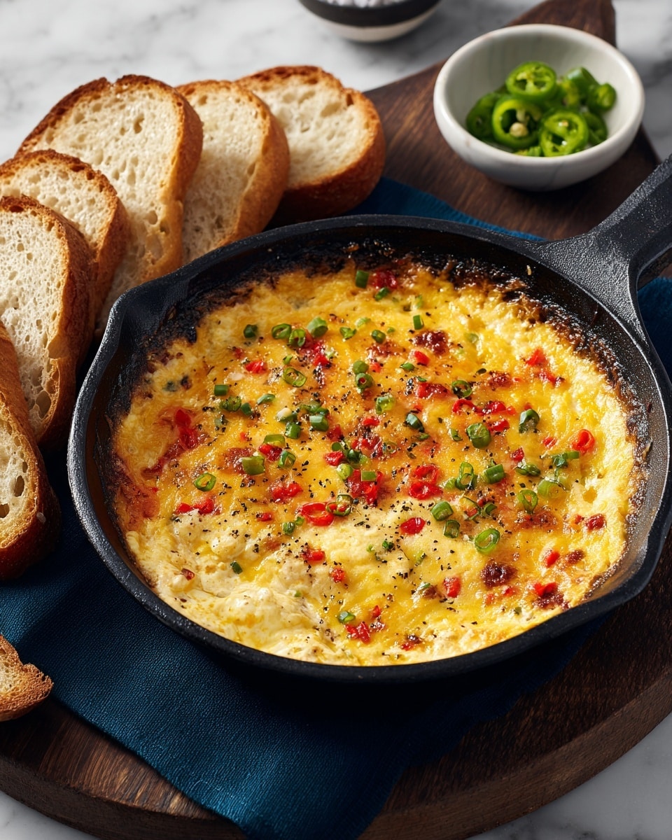 A black cast iron skillet sits centered on a wooden board over a textured white marbled surface, filled with a creamy dip that has a golden melted cheese layer on top, browned slightly with small spots of toasty dark brown. This layer is studded with scattered bright red pieces of chopped peppers and finely sliced green onions spread evenly, adding pops of color. Around the skillet, there are several slices of crusty bread with a toasted, light golden-brown outer edge and a soft, airy interior showing. In the upper right corner, a white bowl with extra chopped green onions rests on the marble surface. Photo taken with an iphone --ar 4:5 --v 7