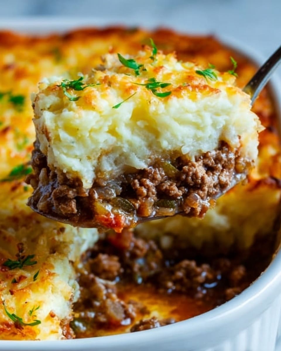 The image shows a close-up of a white round dish filled with a layered casserole. The bottom layer is a dark brown, crumbly cooked ground meat mixed with small bits of vegetables. Above this is a thick, creamy layer of white mashed potatoes with a smooth texture. On top, there is a golden-brown, slightly crispy baked cheese layer, bubbled and slightly toasted with small green herb sprinkles. A silver spoon lifts a portion from the dish, revealing the clear layers and texture contrast. The background is a white marbled surface. Photo taken with an iphone --ar 4:5 --v 7