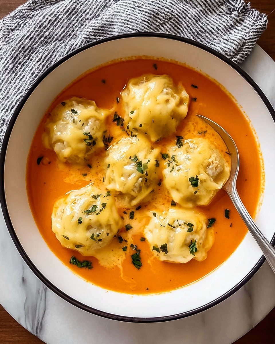 A white bowl with a black rim holds six round ravioli pieces covered in smooth, shiny, creamy white cheese. They rest in a thick, rich orange-red tomato sauce that nearly fills the bowl. Small green herb pieces are scattered on top of the ravioli and sauce, adding a touch of color contrast. A silver spoon dips into the bowl from the right side, and the bowl is placed on a white marbled surface with a gray striped cloth nearby. photo taken with an iphone --ar 4:5 --v 7