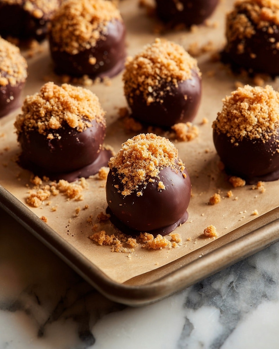 The image shows several round chocolate balls placed on a tray lined with parchment paper. Each ball has two clear layers: the bottom smooth, dark brown chocolate coating, and the top covered with a crumbly light brown topping that adds a rough texture. The balls are evenly spaced on the tray, and small crumbs are scattered around them. The background has a white marbled texture. photo taken with an iphone --ar 4:5 --v 7