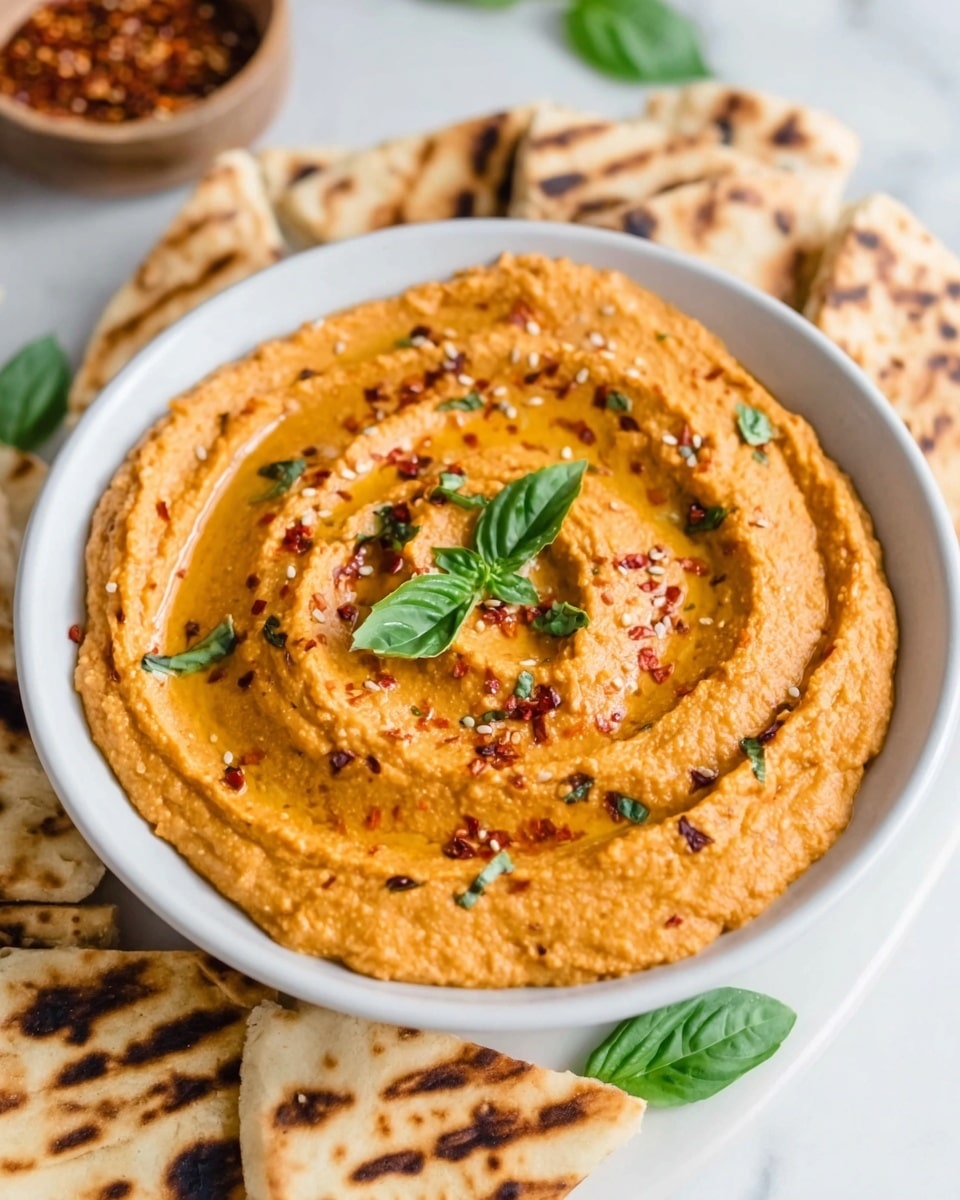 A white bowl filled with smooth, creamy hummus with a swirl pattern on top showing a slightly darker drizzle of olive oil and sprinkled red chili flakes, garnished with a small green basil leaf in the center. The bowl is placed on a white marbled surface, accompanied by pieces of soft, slightly charred flatbread arranged casually around it. Photo taken with an iphone --ar 4:5 --v 7
