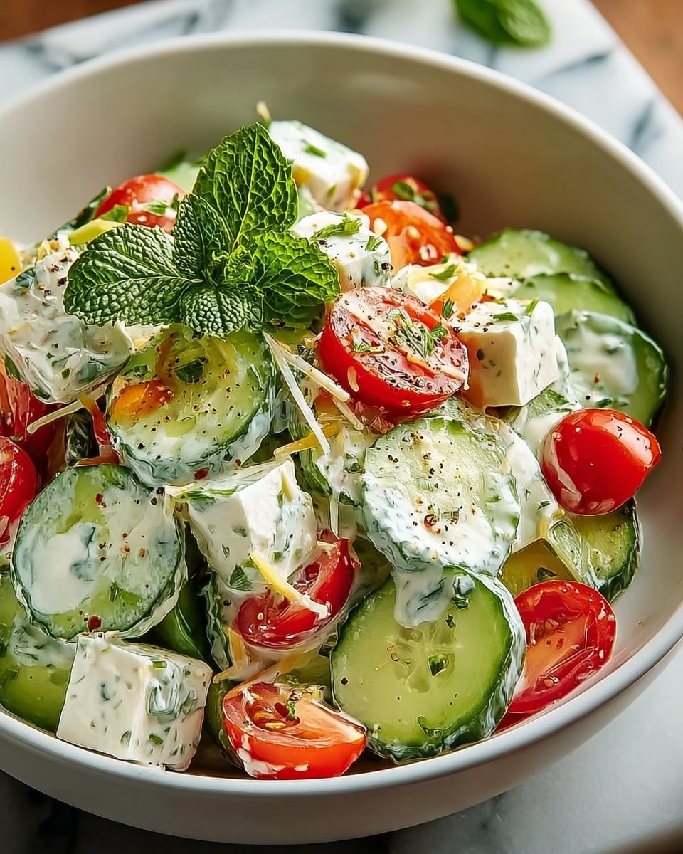 A bowl filled with fresh, thinly sliced green cucumber pieces forming the bottom layer, topped with bright red halved cherry tomatoes scattered throughout, and chunks of white feta cheese mixed in. Creamy white dressing with herbs is drizzled over the salad, giving a speckled green and black look from the herbs and pepper. Light yellow shaved cheese pieces and a few crispy brown flakes are sprinkled on top. A small green mint leaf garnish sits in the center, all presented in a white bowl on a white marbled surface. photo taken with an iphone --ar 4:5 --v 7