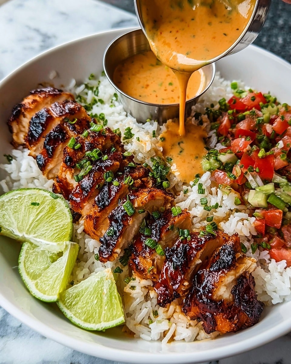 A white bowl filled with three main layers, starting with a base of soft white rice at the bottom, topped with juicy grilled chicken slices that have a dark, charred glaze and are sprinkled with chopped green onions. On one side, there is a small heap of diced fresh red and green vegetables, likely tomatoes and herbs. A wedge of bright green lime sits on the edge of the bowl. Next to the chicken lies a small metal cup filled with a creamy, light brown sauce that is being poured over the food, garnished with green herbs. The bowl is set on a white marbled surface. photo taken with an iphone --ar 4:5 --v 7