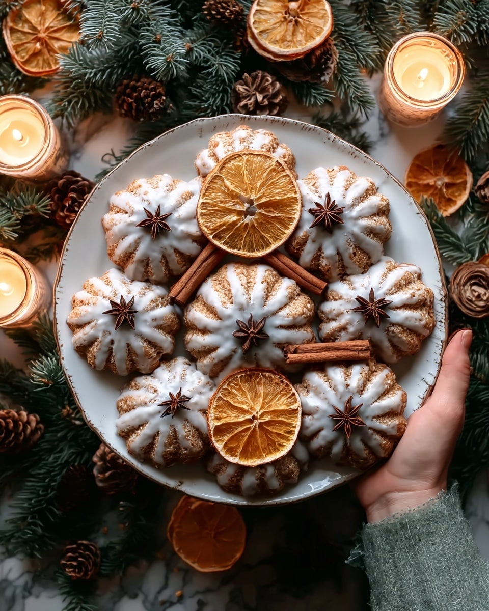 A white plate filled with eight round cookies, each with a flower-like shape and drizzled with white icing, giving a slightly glossy texture. The cookies are light brown and have a crumbly look, topped with two dried orange slices and several star anise spices for decoration. Some cinnamon sticks are also placed on the plate. The plate is held gently by a woman's hand on the right side. The background features a white marbled texture with dark green pine branches, pine cones, dried orange slices, and warm glowing candles, creating a cozy, festive feeling. photo taken with an iphone --ar 4:5 --v 7