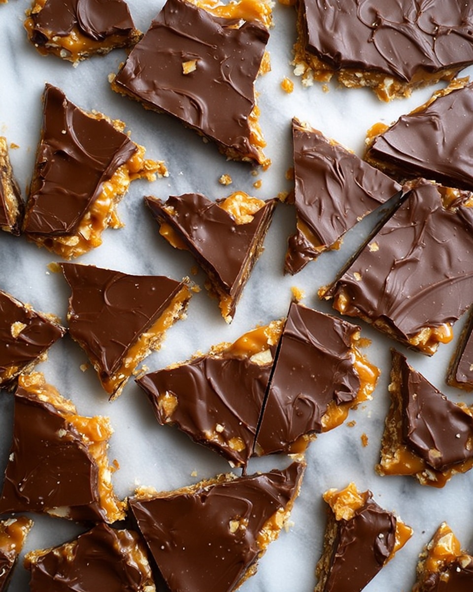 The image shows many broken pieces of chocolate caramel bark spread out on white parchment paper placed on a white marbled surface. Each piece has three clear layers: a smooth, dark brown chocolate layer on top with light swirling patterns, a middle golden caramel layer peeking through the cracks and edges, and a bottom layer with a textured, crunchy nut base visible in some pieces. The pieces are irregularly shaped, with some small crumbs scattered around. photo taken with an iphone --ar 4:5 --v 7