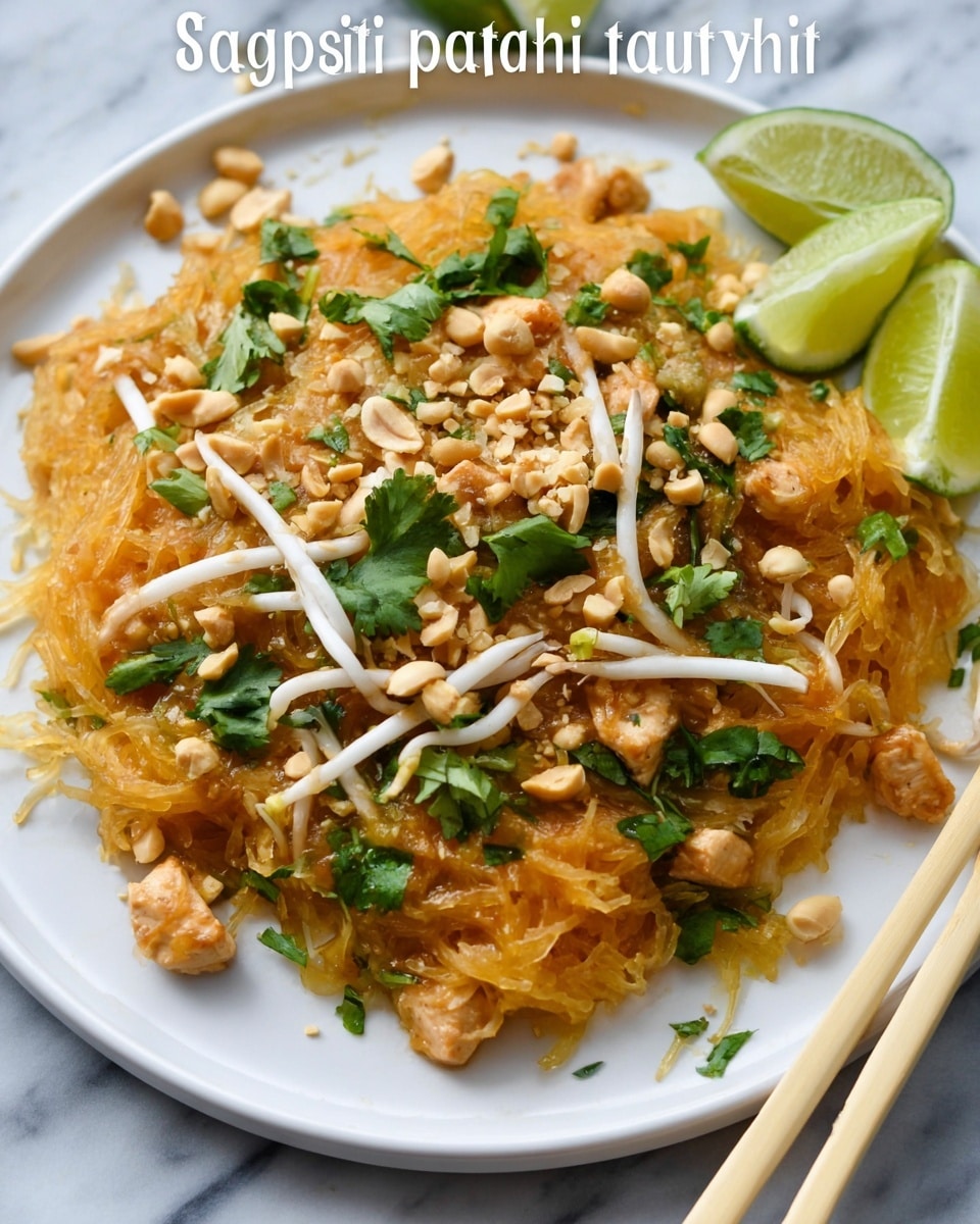 A white plate holds a serving of spaghetti squash pad thai with three layers visible: the bottom layer is golden-yellow shredded spaghetti squash with a slightly glossy, cooked texture, the middle layer has light brown cooked chicken pieces scattered evenly, and the top layer features white bean sprouts, chopped green cilantro leaves, and small, crushed light brown peanuts sprinkled all over. Two lime wedges rest on the left edge of the plate, while a pair of light wooden chopsticks lay across the top right side. The plate sits on a white marbled surface. photo taken with an iphone --ar 4:5 --v 7