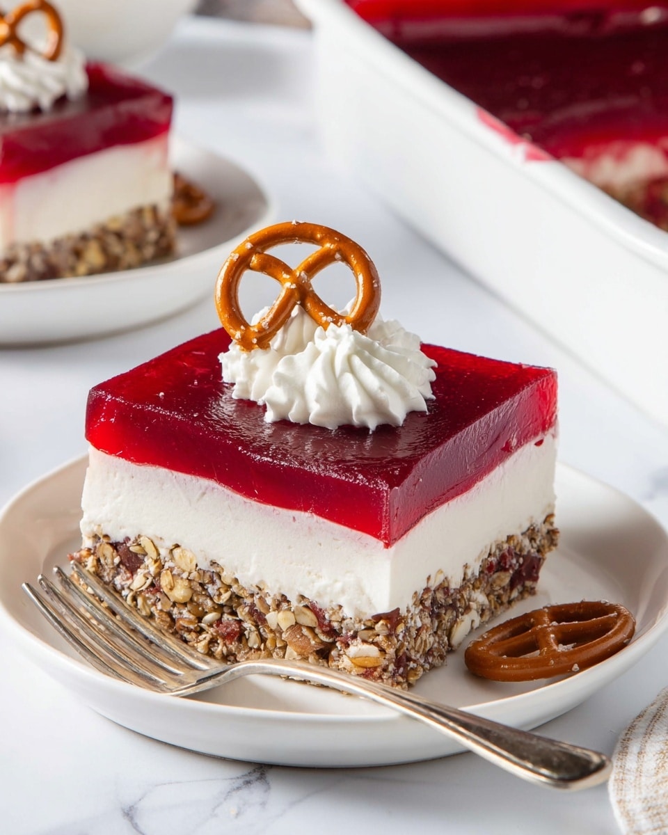 A square-shaped dessert with three visible layers sits on a white plate on a white marbled surface. The bottom layer is a crunchy, light brown crust with visible oats or nuts. The middle layer is thick, creamy, and white, with a smooth texture. The top layer is a bright, shiny red gelatin with a jelly-like texture. On top of the dessert is a dollop of white cream, and a brown pretzel rests on it. Another pretzel leans against the side of the slice. A silver fork lies beside the dessert on the plate. In the background, a blurred piece of the same dessert is on another white plate, and the corner of the larger dish with the full dessert is partly visible. photo taken with an iphone --ar 4:5 --v 7