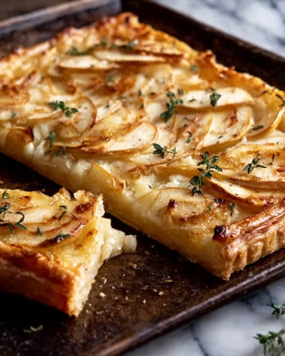 The image shows a rectangular puff pastry tart with golden, flaky edges and a crispy crust. It is topped with thin, uneven slices of cooked apple that have a pale yellow color with slight browning spots. Small green thyme leaves are scattered on top, adding a fresh touch. One slice is cut and slightly pulled away from the rest, revealing a flaky, layered crust beneath the apples. The tart sits on a dark baking tray placed on a surface with a white marbled texture. photo taken with an iphone --ar 4:5 --v 7
