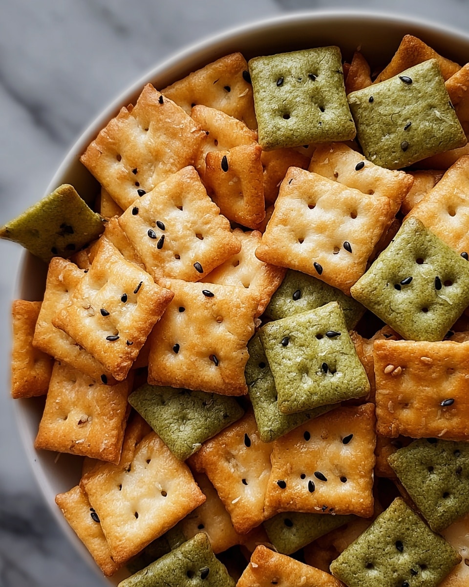 The image shows a close-up of a bowl filled with two-layered square crackers. The bottom layer is a mix of green crackers with small black seeds and some rough texture, while the top layer consists of golden-brown crackers sprinkled with white sesame seeds and a few yellow bits. The crackers appear crispy and are randomly piled in a white bowl on a white marbled surface. Photo taken with an iphone --ar 4:5 --v 7