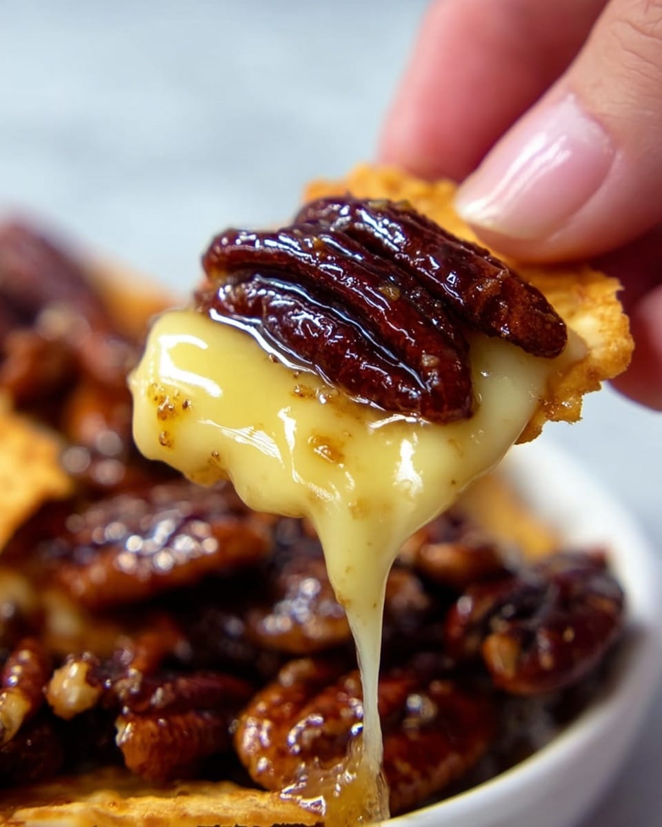 A close-up image shows a piece of light golden chip held by a woman's hand pinching it. On the chip, there is a thick layer of melted, pale yellow cheese topped with a shiny, dark brown glazed pecan. Long strands of melted cheese stretch down from the chip. In the blurred background, more pecans covered with the same glaze fill a white bowl, surrounded by other pieces of chip with melted cheese. The whole scene is set on a white marbled surface. photo taken with an iphone --ar 4:5 --v 7