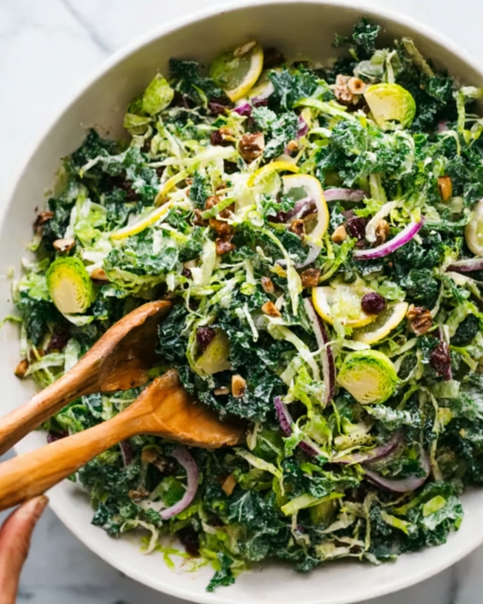 A close-up image of a fresh salad in a white bowl placed on a white marbled surface. The salad has many layers, starting with dark green kale leaves spread throughout the bowl, mixed with light green leafy Brussels sprouts shredded finely. Thin slices of purple onion are scattered evenly, adding a sharp contrast. Light yellow lemon wedges or slices are placed on top, adding a bright touch. Small toasted nuts or seeds are sprinkled throughout, giving texture and color variation with their golden-brown shade. A woman's hand holding wooden salad tongs is shown reaching into the bowl, mixing the ingredients. The overall look is fresh, colorful, and textured. photo taken with an iphone --ar 4:5 --v 7