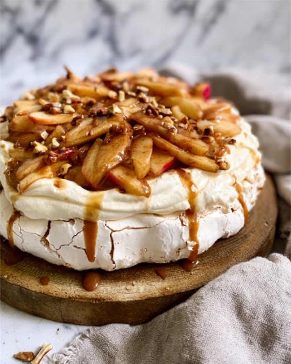 A white pavlova cake is shown resting on a wooden serving board with bark edges, set against a white marbled surface. The pavlova has a rough and cracked outer shell with a smooth and creamy inside. On top, there is a thick layer of whipped cream layered with slices of golden-brown cooked apples that look soft and juicy. The apple slices are sprinkled with small pieces of chopped nuts, likely pecans. A light drizzle of caramel sauce is spread over the top, adding a shiny and sticky texture. A white cloth is softly blurred in the background. Photo taken with an iphone --ar 4:5 --v 7