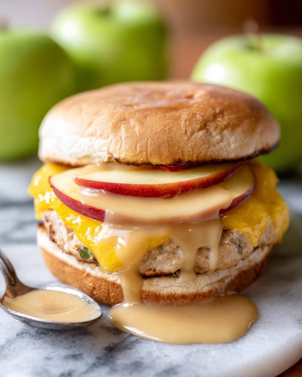 The image shows a sandwich with three main layers inside a soft, toasted bun. The bottom layer is a cooked, light-brown turkey patty with some visible green bits, topped with melted yellow cheddar cheese that drips slightly over the side. Above that, there are two slices of red and yellow apple, covered by a thick layer of beige sauce that also drips down the sandwich. The sandwich is placed on a white marbled surface, with a shiny spoon holding some of the sauce lying nearby, and blurry green apples in the background. photo taken with an iphone --ar 4:5 --v 7