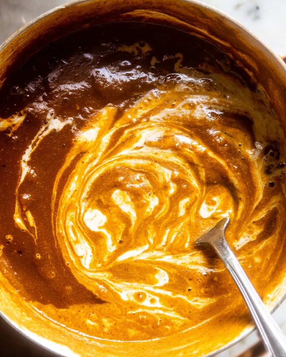A close-up image of a pot filled with thick, creamy curry showing two clear layers: a rich reddish-brown base layer that looks smooth with some small chunks, and a lighter orange-yellow creamy layer swirled on top, mixing softly with the base. A shiny silver ladle with a long handle is partially dipped into the curry, held by a woman's hand, lifting some of the creamy orange mixture along with the brown base. The pot sits on a white marbled surface, highlighting the warm colors of the curry. Photo taken with an iphone --ar 4:5 --v 7