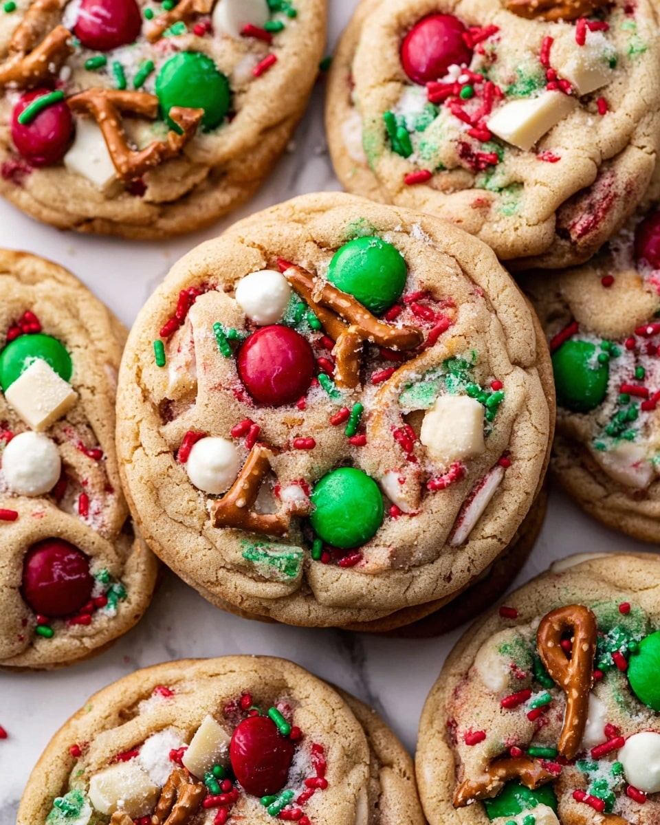 A close-up view of several round cookies stacked and touching each other on a white marbled surface. Each cookie has a light golden-brown base with visible texture showing soft and slightly crumbly edges. The cookies are decorated with red and green candy-coated chocolates, small white chocolate chips, broken pretzel pieces, and red and green sprinkles scattered evenly on top. The candies and pretzels add pops of color and a crunchy texture against the soft cookie base. The overall look is festive and colorful. photo taken with an iphone --ar 4:5 --v 7