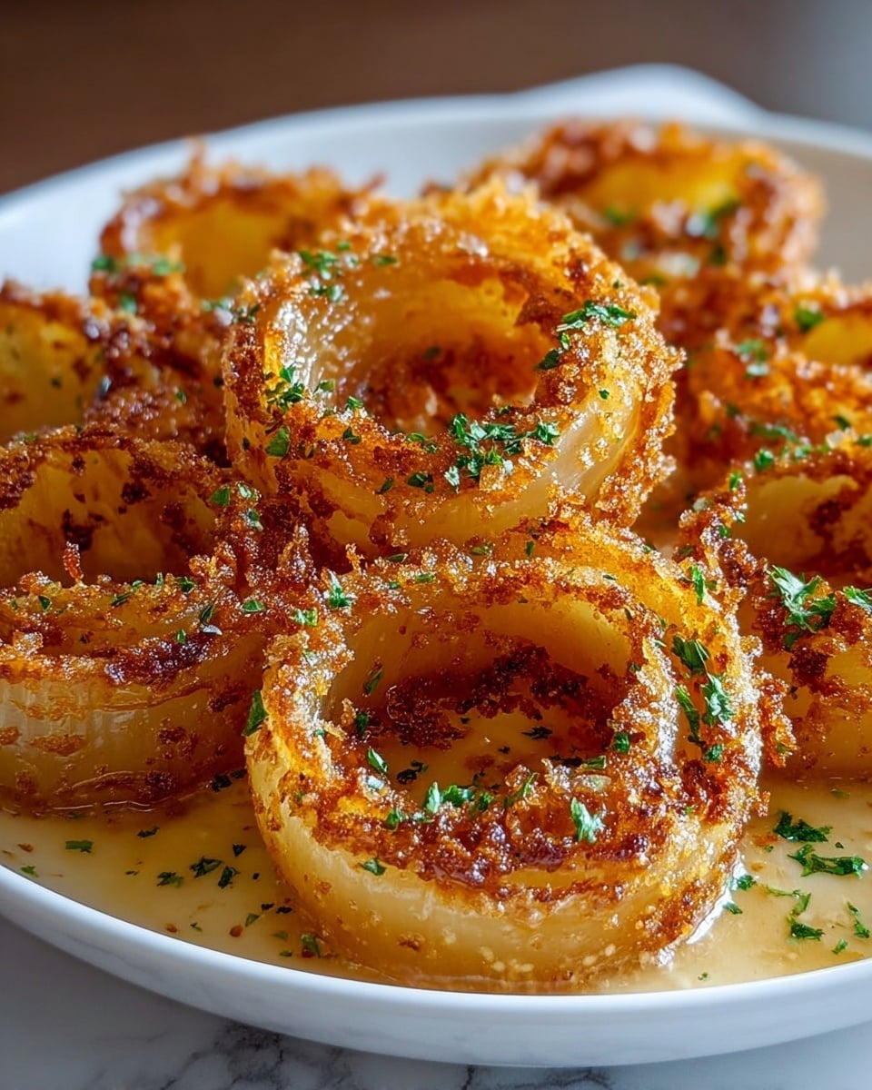 The image shows a white dish filled with multiple golden-brown fried onion rings stacked closely together. Each onion ring has two or three visible layers, with a crispy, textured outer layer and a soft, slightly translucent inner layer. The rings are coated with small bits of browned crumbs and lightly sprinkled with finely chopped green herbs. A thin layer of light brown sauce pools around the bottom of the onions, adding shine and moisture to the dish. The scene is set on a white marbled surface. photo taken with an iphone --ar 4:5 --v 7