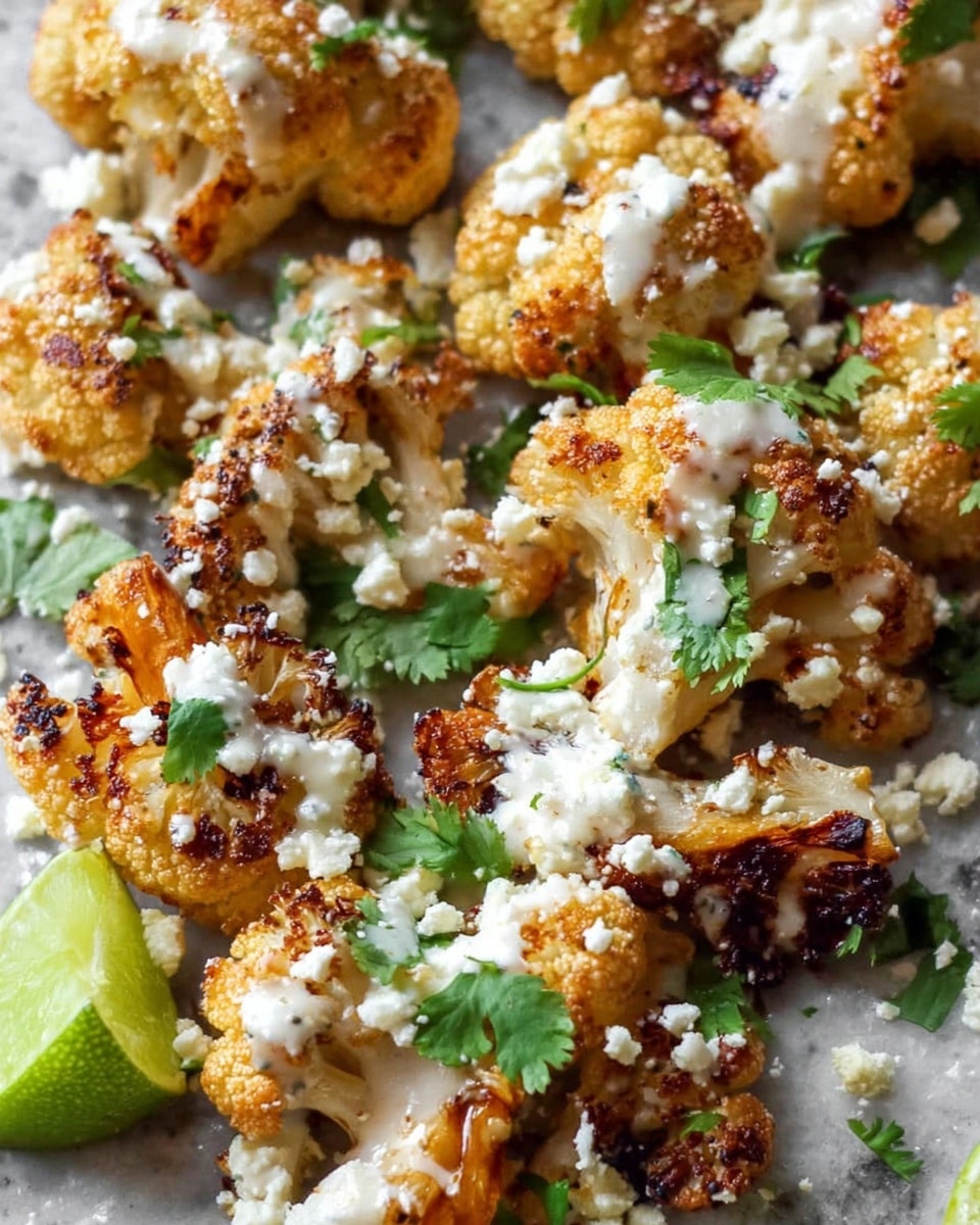 The image shows several golden-brown roasted cauliflower florets arranged closely together on a white marbled surface. The florets have a slightly crispy texture with some charred edges. They are generously topped with a creamy white sauce that is unevenly drizzled over the cauliflower, along with small crumbles of white cheese scattered over everything. Bright green fresh cilantro leaves are sprinkled on top, adding a pop of color. A lime wedge with a light green tone sits at the bottom left corner of the image, enhancing the fresh and vibrant look of the dish. Photo taken with an iphone --ar 4:5 --v 7