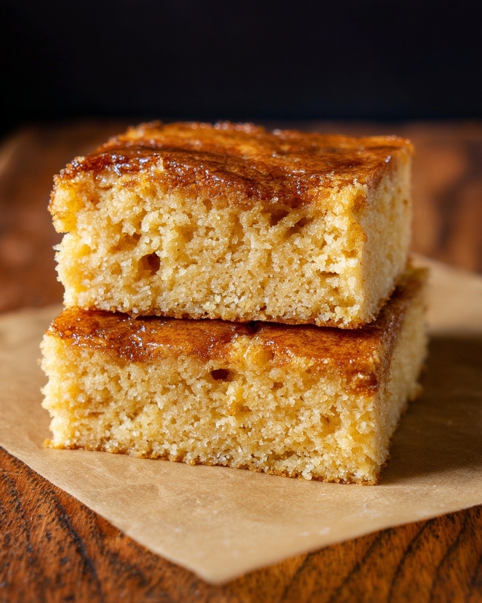 Two square pieces of moist, golden-brown cake are stacked on top of each other on a light brown parchment paper placed on a wooden surface. Each piece has a soft, crumbly texture with visible small air pockets inside, and the top layer has a slightly darker, caramelized crust with a slightly rough texture. The background is dark, contrasting with the warm tones of the cake. photo taken with an iphone --ar 4:5 --v 7