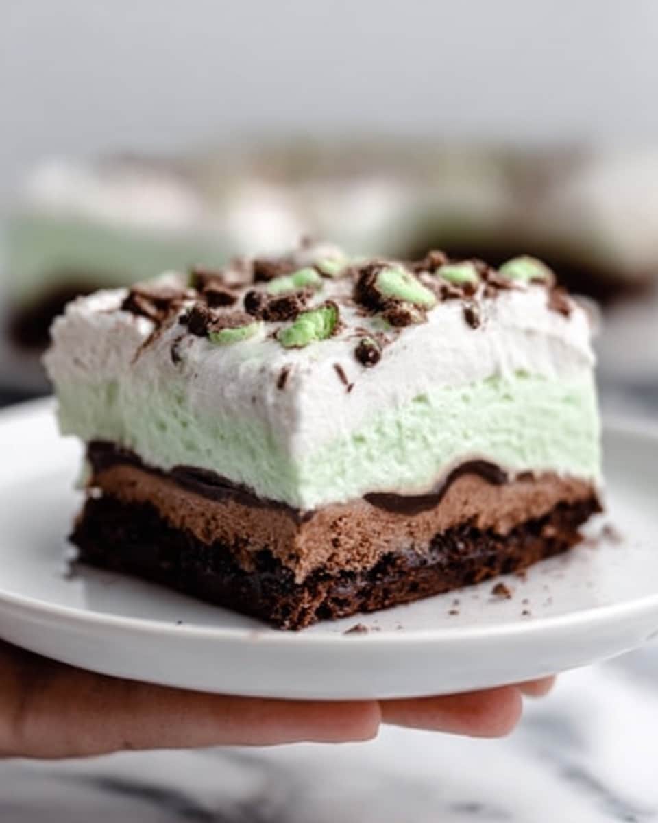 The image shows a square multi-layered dessert on a white plate, placed on a white marble surface. The bottom layer is dark brown, thick, and looks like a dense chocolate base. On top of this is a light green, creamy layer that is smooth and even. Above the green layer is a thinner dark brown layer that looks like chocolate sauce or syrup, slightly spread out. The top layer is thick white cream, fluffy and soft with small green and brown pieces sprinkled on it, adding texture and color. A woman's hand gently holds the edge of the plate. Photo taken with an iphone --ar 4:5 --v 7