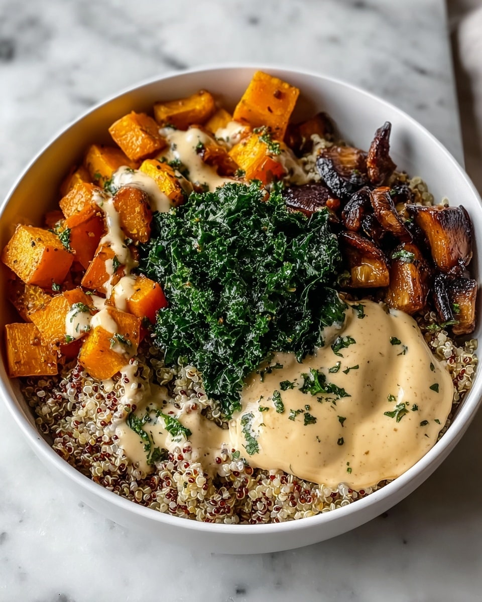 A white bowl is filled with a base layer of fluffy quinoa with small red and white grains, topped in the center by a dark green, finely chopped kale layer with a slightly rough texture. Around the kale are four different sections: bright orange, cubed roasted butternut squash with a soft, slightly shiny surface; dark, glossy caramelized mushrooms with charred edges; more cubes of roasted butternut squash similar to the first section; and a dollop of thick, creamy beige sauce sits on one side, with drizzles of the same sauce scattered across the squash and mushrooms. The bowl is resting on a white marbled textured surface. Photo taken with an iphone --ar 4:5 --v 7