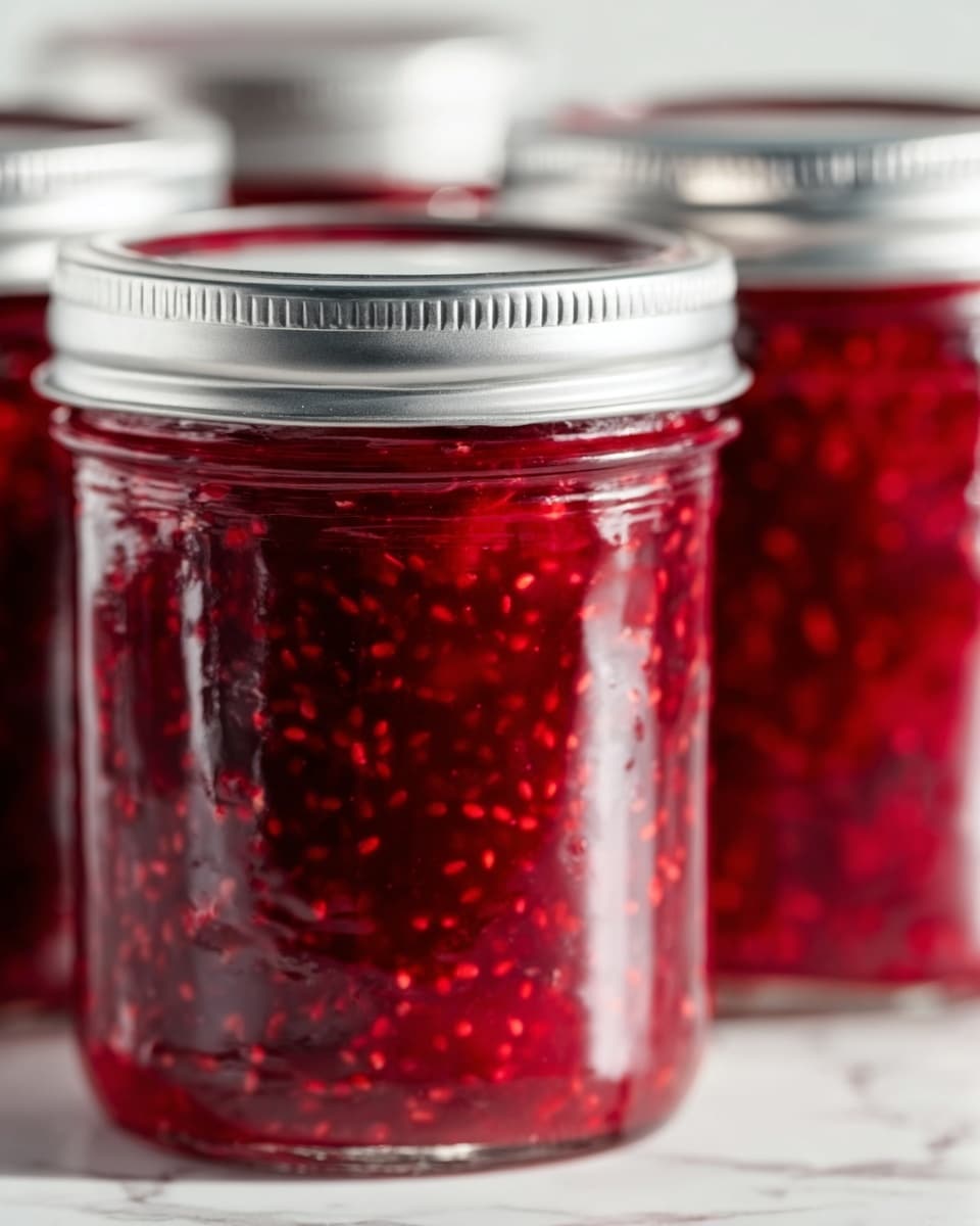 The image shows three clear glass jars filled with bright red jam, each jar topped with a silver metal lid. The jam has visible small fruit pieces and seeds, giving it a thick, textured look. The jars are placed close to each other on a white marbled surface, and soft natural light reflects slightly off the glass, highlighting the rich red color and glossy texture of the jam. The background is blurred and light, making the jars and their contents the main focus of the image. photo taken with an iphone --ar 4:5 --v 7