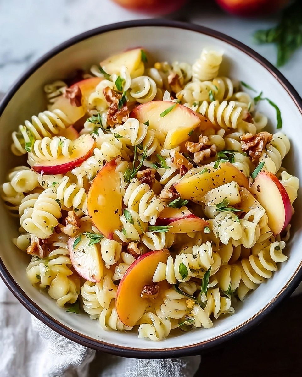 A bowl filled with a three-layer pasta salad: the bottom layer has light yellow spiral pasta, the middle layer has small pieces of red apple slices and yellow peach slices, and the top layer is scattered with small brown walnut pieces, fresh green herb leaves, and a light sprinkle of black pepper. The pasta looks soft and creamy, while the fruit slices appear fresh and juicy with a smooth texture. The bowl is white with a dark rim, sitting on a white marbled surface with a soft cloth beneath it. Photo taken with an iphone --ar 4:5 --v 7