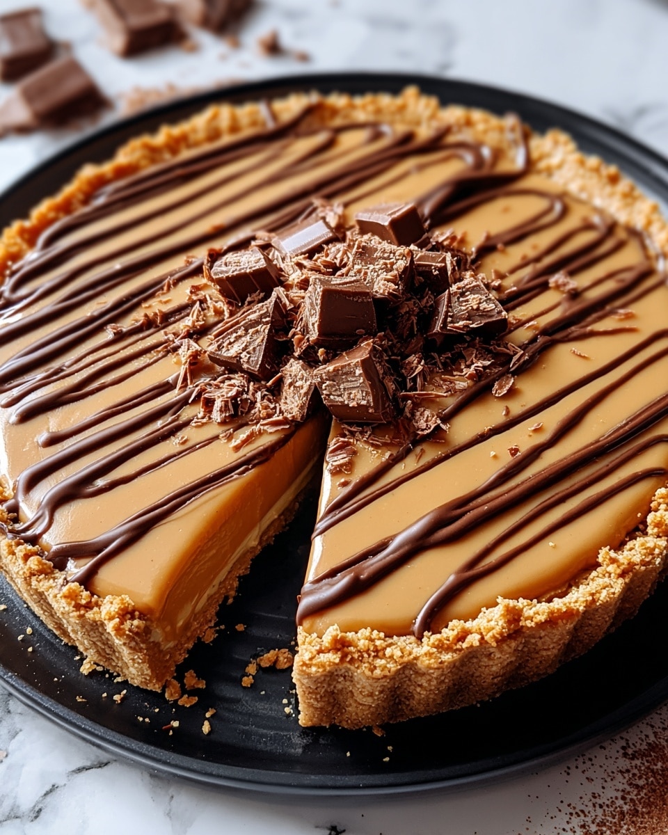 The image shows a tart with three visible layers: a crunchy golden-brown crust forming the base and edges, a smooth and creamy light brown caramel filling spread evenly inside the crust, and thick dark brown chocolate drizzles across the top in diagonal lines. In the center, there is a small pile of roughly chopped milk chocolate pieces and crumbs adding texture and richness. The tart is placed on a black plate, with some cocoa powder sprinkled around it on a white marbled surface. Photo taken with an iphone --ar 4:5 --v 7