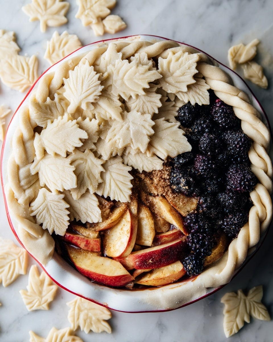 The image shows a partially prepared pie in a white ceramic dish with a red trim. The pie has two main layers inside: a base layer of sliced red apples with a light brown sugar topping, and a layer of dark blackberries scattered around the edges. The pie crust has a braided edge along the rim, and one side of the pie is covered with multiple leaf-shaped pieces of dough arranged densely, with visible vein details, while the other side is open to show the filling. The pie sits on a white marbled surface scattered with more leaf-shaped dough decorations. photo taken with an iphone --ar 4:5 --v 7