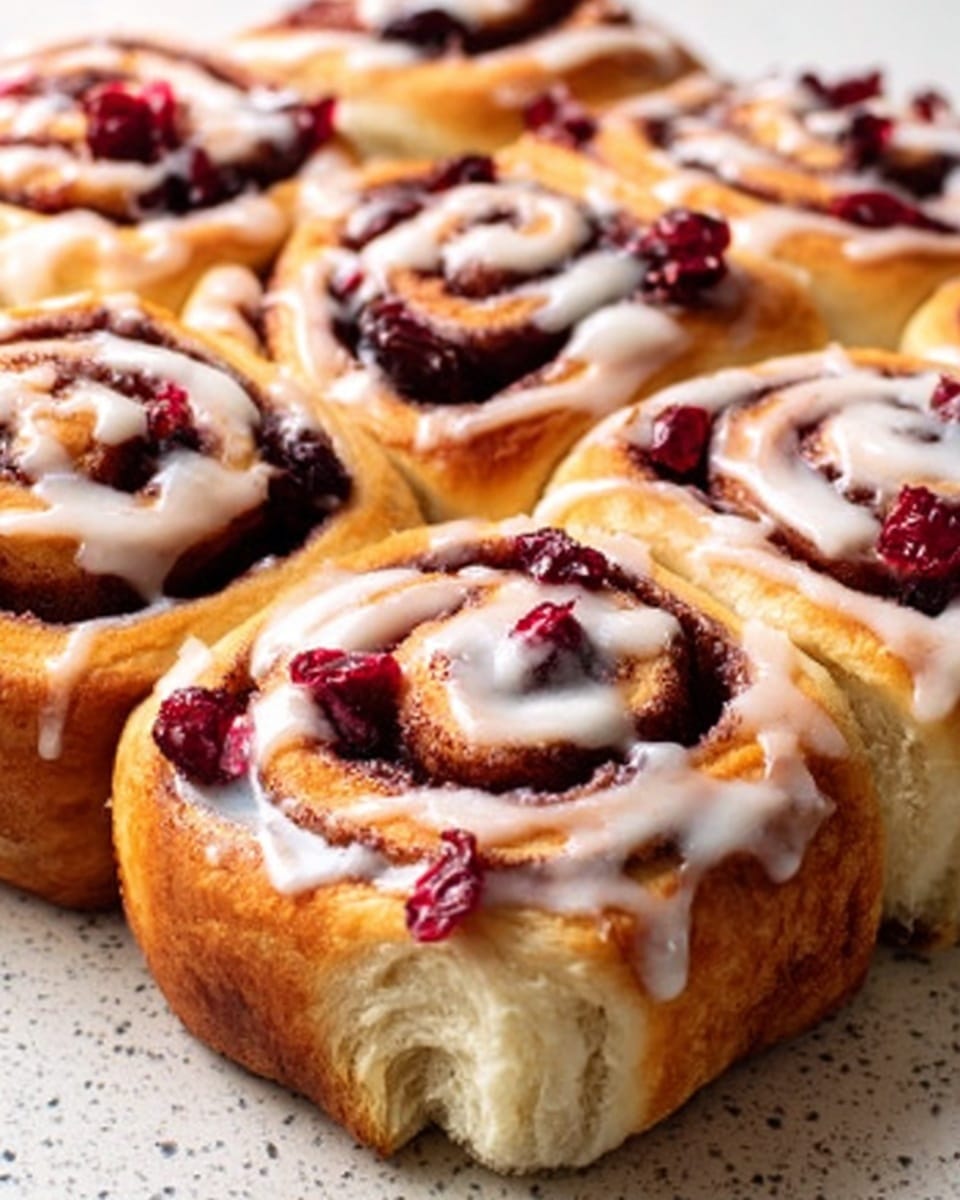 The image shows a close-up of soft, golden-brown cinnamon rolls with thick white icing drizzled on top. Each roll has visible swirls of cinnamon filling inside and is sprinkled with bright red dried cranberries that add a pop of color and texture. The cinnamon rolls are placed close together, showing the fluffy interior crumb contrasted with the shiny, smooth icing and dried fruit on the surface. The background features a white marbled texture, creating a clean and bright look. photo taken with an iphone --ar 4:5 --v 7