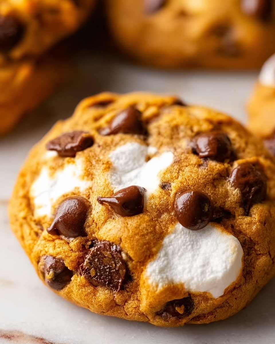 A close-up view of a single cookie featuring a textured golden-brown surface with visible melted white marshmallow patches and several large, shiny, dark brown chocolate chips scattered unevenly across the top. The cookie looks soft and slightly gooey, with a rough and craggy texture showing some areas where the marshmallow has melted into the dough, creating a contrast between the white marshmallow and rich chocolate chips. The background features a white marbled surface slightly out of focus, giving a clean and bright look. photo taken with an iphone --ar 4:5 --v 7