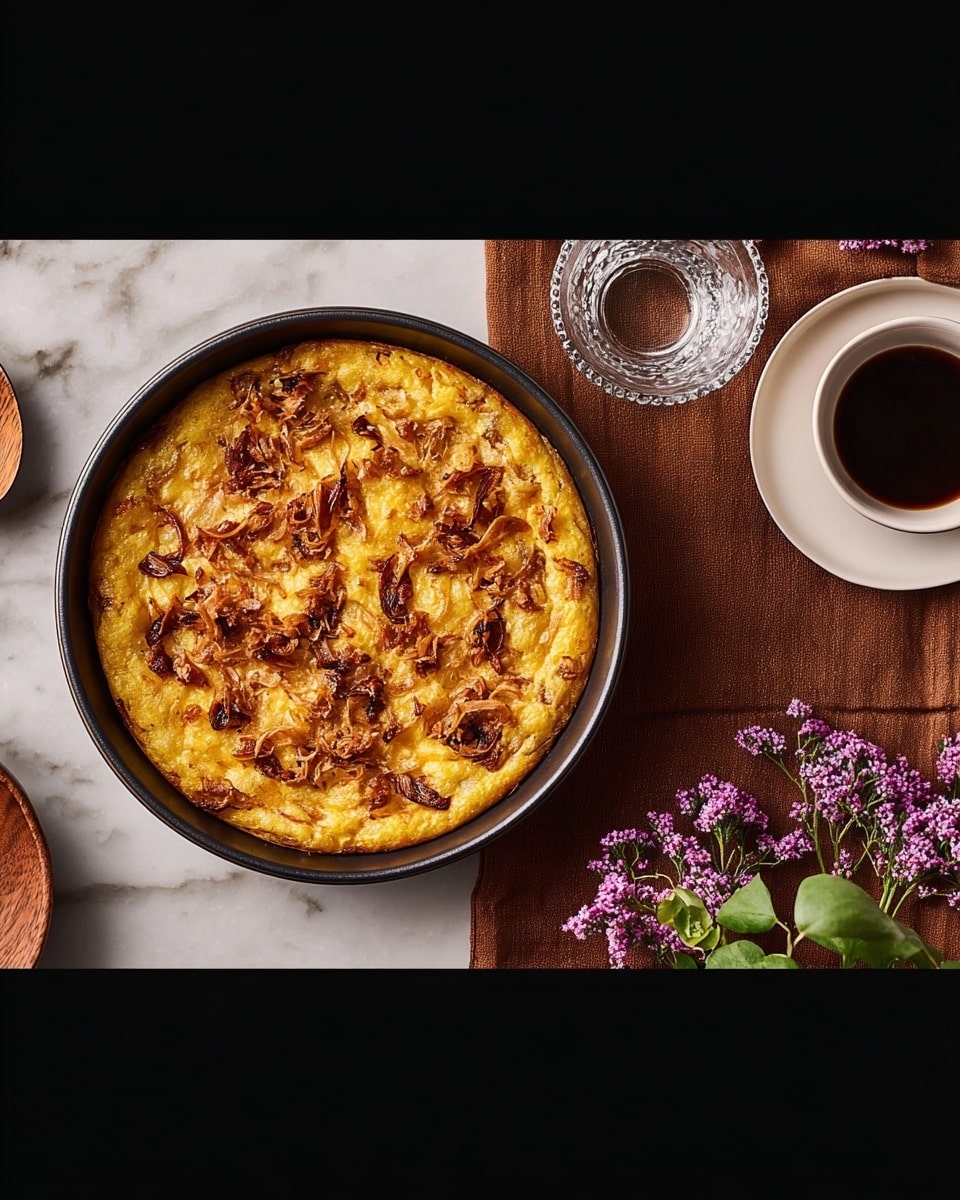 A round skillet filled with a golden baked dish that has a textured top layer of crispy, browned pieces scattered unevenly across its surface, creating contrast with the smoother, yellowish base beneath; the skillet sits on a soft, faded brown cloth atop a dark wooden table, next to a clear glass of water with a beaded rim and a white cup and saucer containing a dark beverage, while a small bunch of purple flowers with gray-green leaves peeks in from the top left corner. Photo taken with an iphone --ar 4:5 --v 7