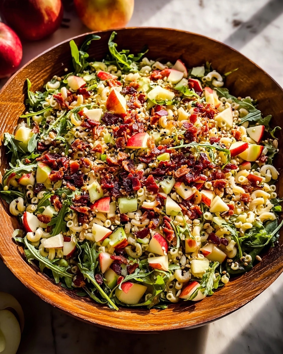 A wooden bowl filled with a colorful salad shows three main layers: the bottom layer is arugula leaves with dark green and fresh texture, the middle layer consists of small pieces of orzo pasta in light creamy white, and the top layer is chopped apples in red and yellow colors mixed with small bits of crispy bacon in dark red and brown shades, all mixed together with a few visible specks of black pepper on top. The bowl sits on a wooden table with some blurred apples in the background. photo taken with an iphone --ar 4:5 --v 7