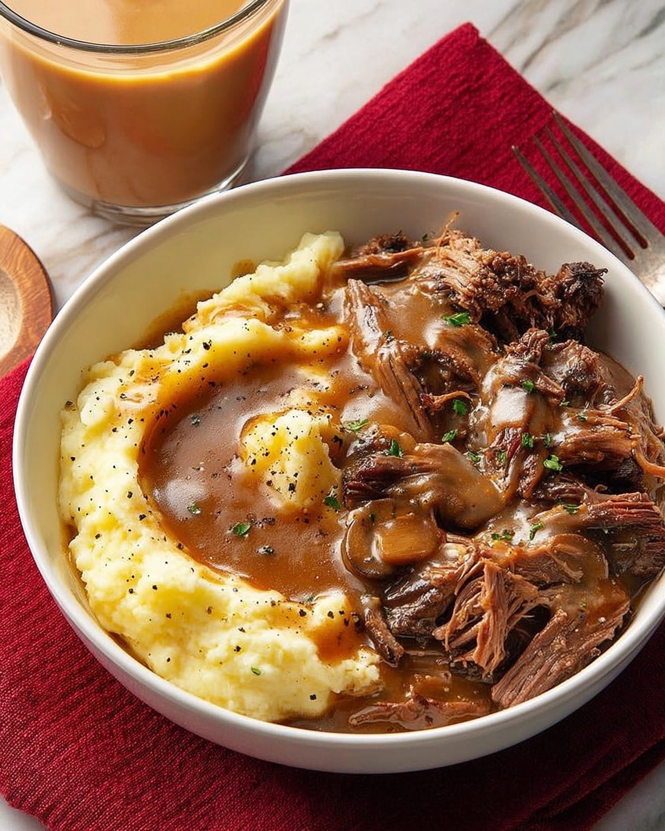 The image shows a white bowl filled with two main layers: on one side, creamy mashed potatoes with a smooth texture and a light yellow color, topped with black pepper and rich brown gravy drizzled over them; on the other side, tender, shredded pieces of dark brown beef mixed with mushrooms all covered in the same glossy brown gravy. The bowl sits on a red cloth napkin, and next to it is a glass of light brown iced coffee placed on a white marbled surface. photo taken with an iphone --ar 4:5 --v 7