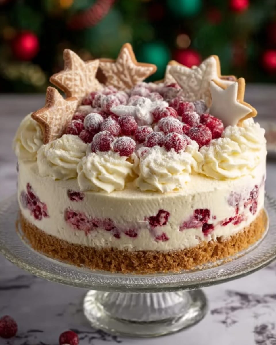A round, two-layered cake on a white cake stand with a white marbled surface underneath. The bottom layer shows a dense brown crust, the middle layer is thick and creamy white with bits of red fruit mixed through, and the top layer is smooth white frosting. The top edge is decorated with evenly spaced white frosting swirls. The cake’s top center has a pile of frosted red berries and two star-shaped cookies standing upright, adding more texture and height. The background features soft, out-of-focus holiday decorations. Photo taken with an iphone --ar 4:5 --v 7