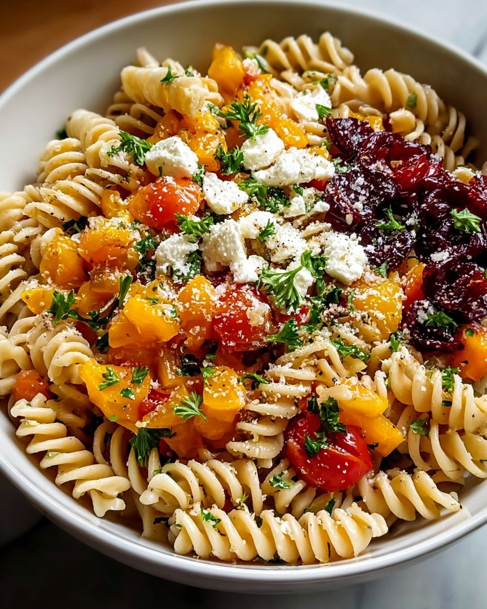 A close-up view of a bowl of pasta salad with three clear layers, served in a white bowl. The bottom layer is a base of light brown rotini pasta, with the second layer showing pieces of orange and yellow bell peppers mixed with bright red dried cranberries. The top layer is sprinkled with small chunks of white cheese and bits of shredded white cheese, scattered green herbs, and some ground black pepper. The background features a white marbled texture. photo taken with an iphone --ar 4:5 --v 7