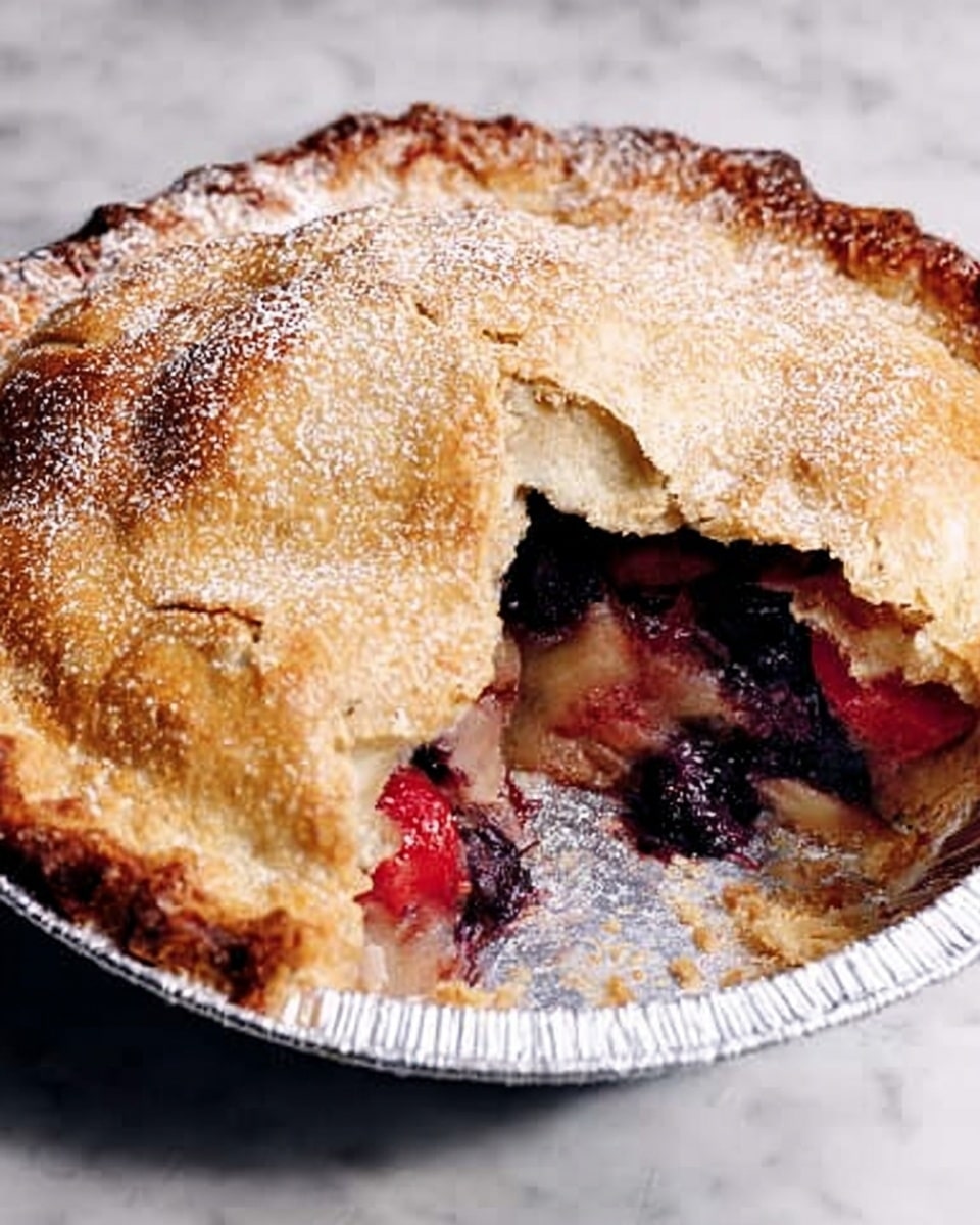A round fruit pie with a golden brown crust dusted lightly with white powdered sugar on top, showing one large slice missing to reveal the inside layers: a bottom crust, followed by a colorful mix of juicy red, purple, and tan fruit pieces with a soft texture, covered by the flaky top crust that is slightly cracked. The pie is sitting in a silver foil pie dish on a white marbled surface. Photo taken with an iphone --ar 4:5 --v 7