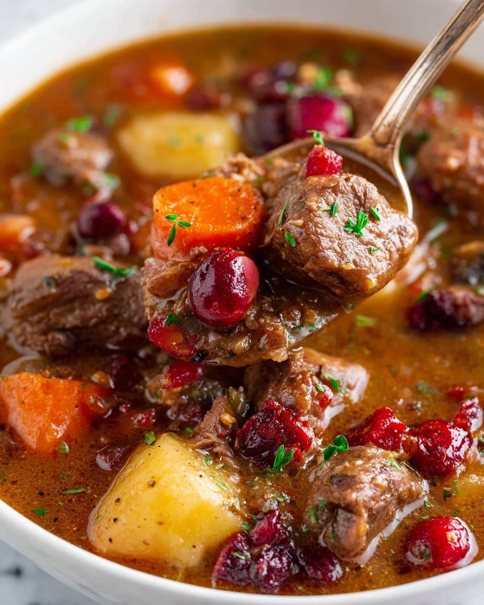 This image shows a close-up of a hearty stew in a white bowl on a white marbled surface. The stew has large chunks of brown meat, orange carrot slices, and pale yellow potato pieces, all mixed in a thick brown gravy. There are also several bright red cranberries scattered throughout, adding spots of color. Fresh green herb bits are sprinkled on top, giving a touch of freshness. A spoon is dipping into the stew, holding some meat, carrot, potato, and cranberries, with the liquid reflecting light and looking rich and savory. photo taken with an iphone --ar 4:5 --v 7