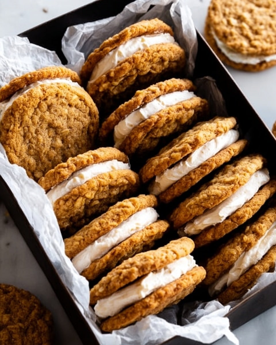 A box filled with several oatmeal cookie sandwiches, each made with two golden-brown oatmeal cookies that have a slightly rough texture. Between the cookies is a creamy white filling with a smooth and fluffy texture, visible in thick layers. The cookies and cream are stacked neatly inside a black box lined with crumpled white paper, sitting on a white marbled surface. Photo taken with an iphone --ar 4:5 --v 7