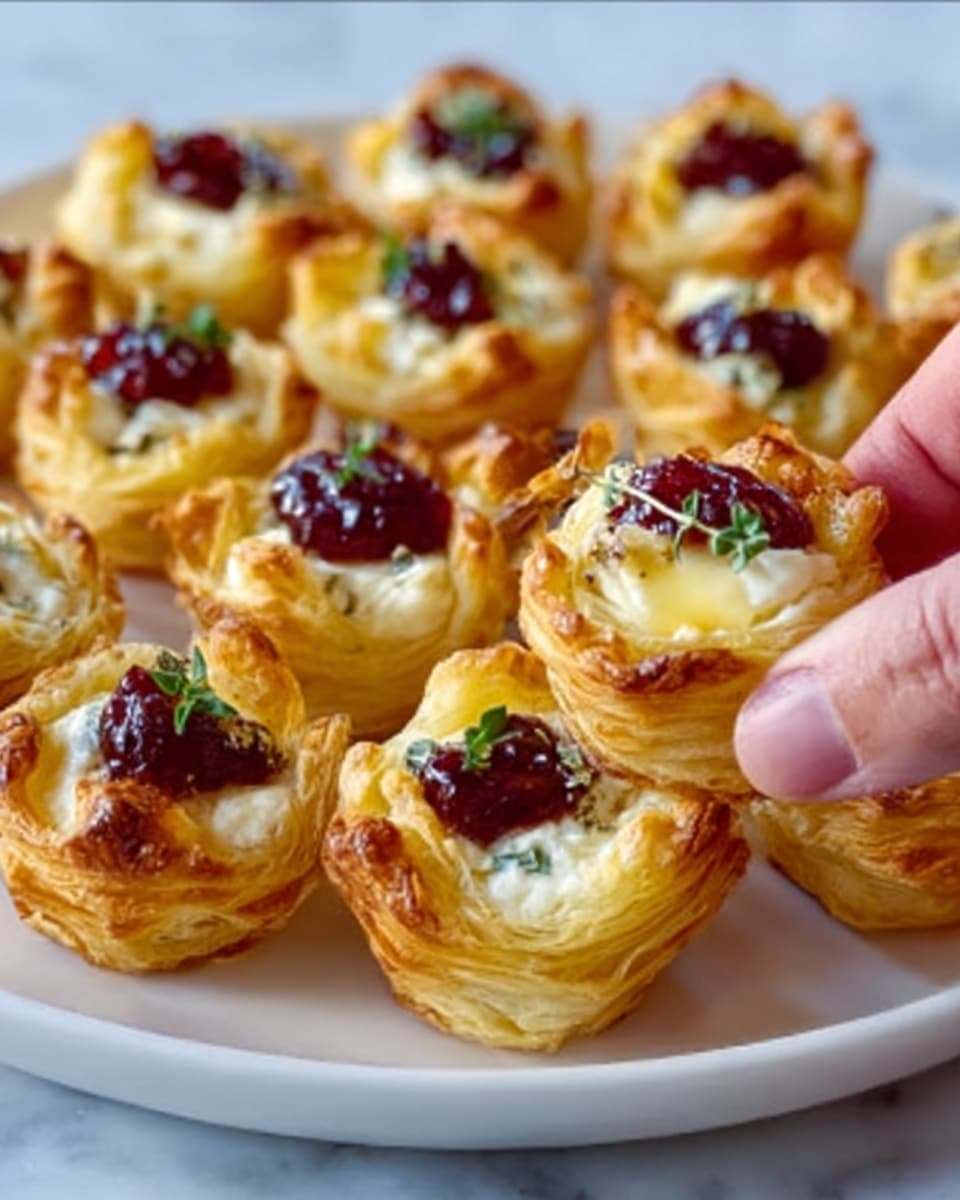 The image shows six golden-brown puff pastry pinwheels arranged closely on a white rectangular plate, each pinwheel featuring multiple flaky layers that spiral outward. The pastry is topped with glistening red jam or fruit preserves scattered unevenly over the surface, adding a shiny texture and deep red color contrast. Small green herb pieces are sprinkled lightly across the pinwheels, giving a fresh and colorful touch. A sprig of fresh rosemary rests on the right side of the plate, adding bright green, needle-like leaves that stand out against the warm tones of the pastries. The plate sits on a white marbled textured surface, with a warm, gentle light casting soft shadows that highlight the crisp edges and glossy toppings. Photo taken with an iphone --ar 4:5 --v 7