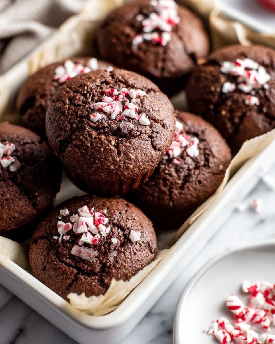 The image shows a close-up of six chocolate muffins arranged in a white tray lined with cream-colored parchment paper. Each muffin has a textured, cracked top with a dark brown color, and three of them are topped with small pieces of crushed candy cane, adding a mix of white and red color on the top center area. The background and surface beneath the tray are white with a subtle marble texture, and a blurry glimpse of a white plate with more crushed candy cane is visible in the bottom right corner. Photo taken with an iphone --ar 4:5 --v 7