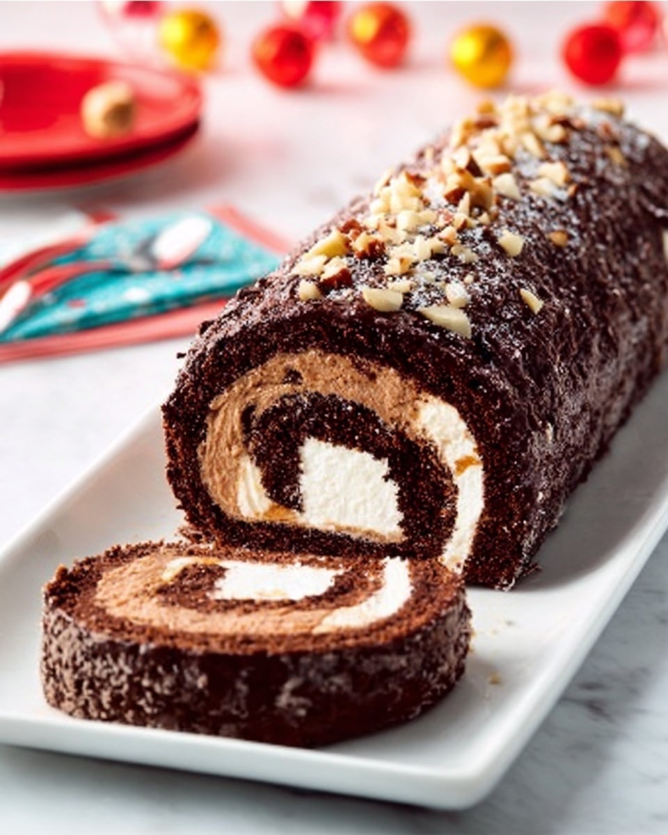 A chocolate roll cake is shown on a long white rectangular plate resting on a white marbled surface. The cake has a dark brown chocolate outer layer with a rough texture and is topped with chopped nuts and small white almond slivers. Inside, there are three clear layers visible in each sliced section: a thin, dark chocolate filling, a thick white creamy layer, and the dark chocolate sponge cake forming the roll. One slice lies flat on the plate while the rest of the roll is still uncut. In the background, blurred red and colorful party decorations can be seen. Photo taken with an iphone --ar 4:5 --v 7